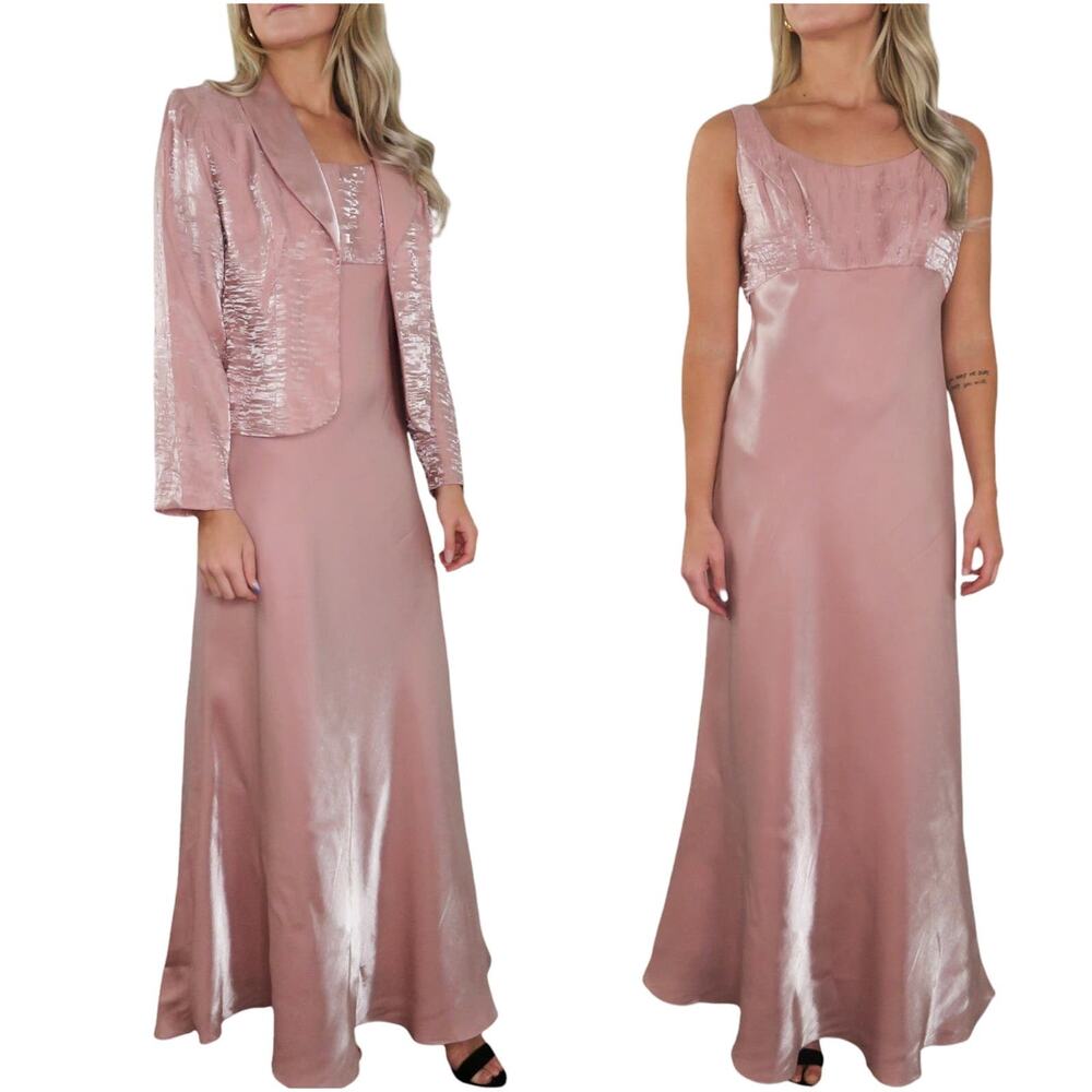 Alex Evenings Vintage Formal Blush Pink Satin Maxi Dress Blazer Set Medium 8P - Picture 2 of 9